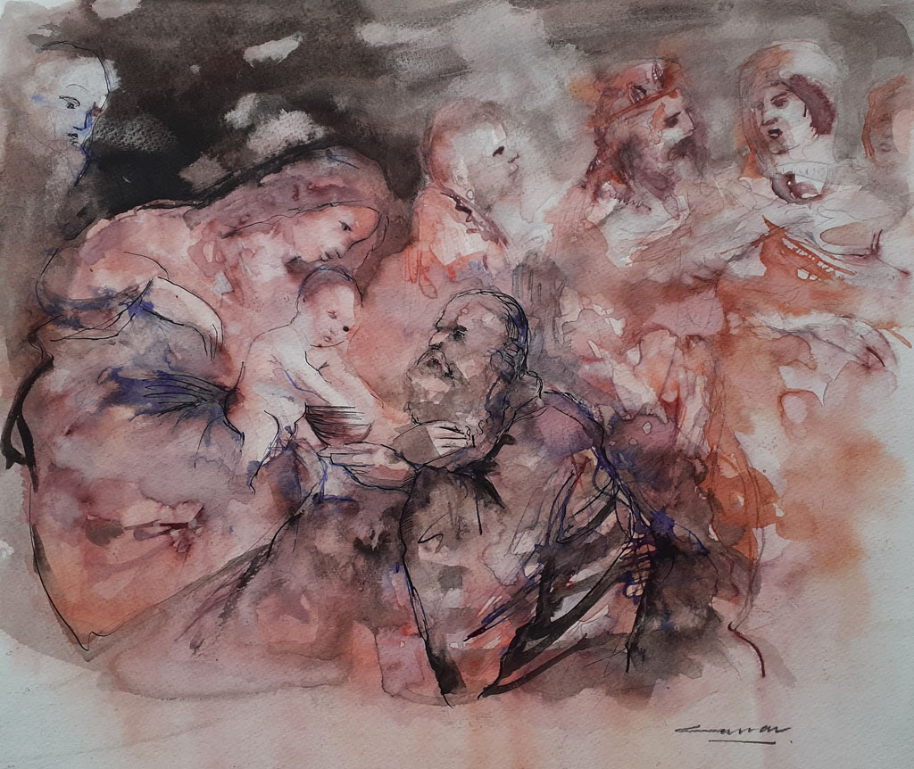 Adoration of the Magi, Ink & Wash,  30 x 40cm, Signed, Undated