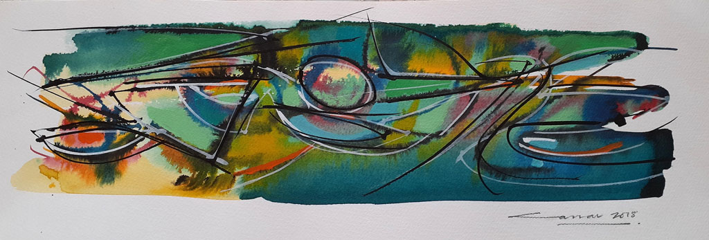 Blue-Green Abstract, Ink & Wash, 17 x 35cm, Signed, 2018