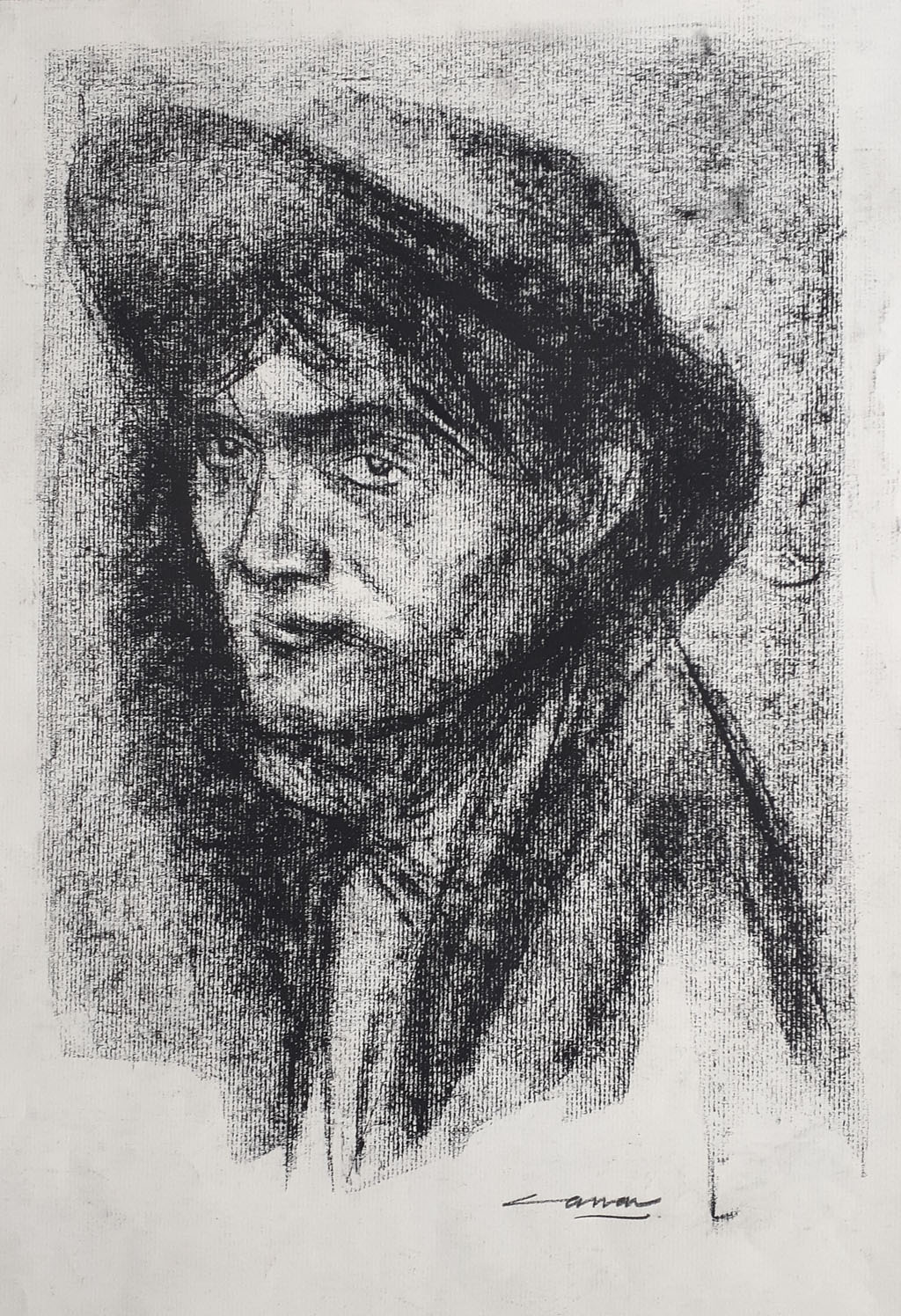 Boy with Hat, Charcoal,  48 x 30cm, Signed, Undated
