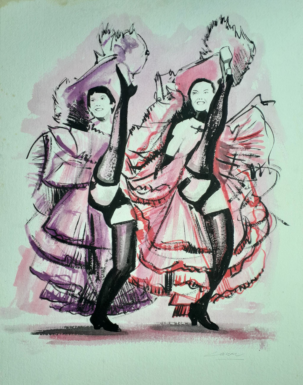 Can-Can Dancers, Ink & Wash,  48 x 35cm, Unsigned, Undated