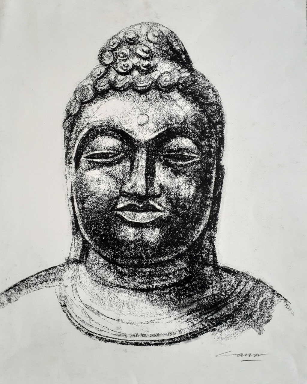 Head of Buddha, Charcoal,  35 x 35cm, Unsigned, Undated