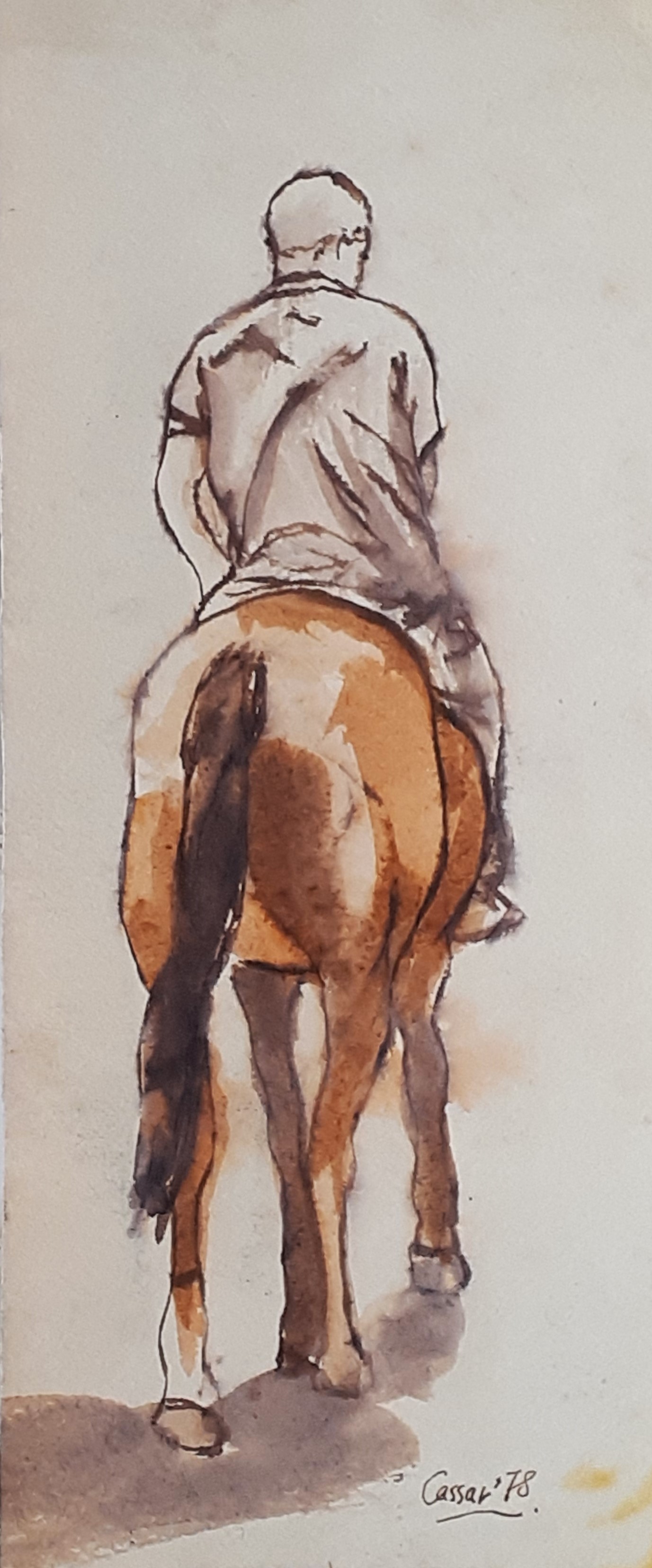 Horse & Rider, 25 x 12cm, ink and wash, signed, 1978