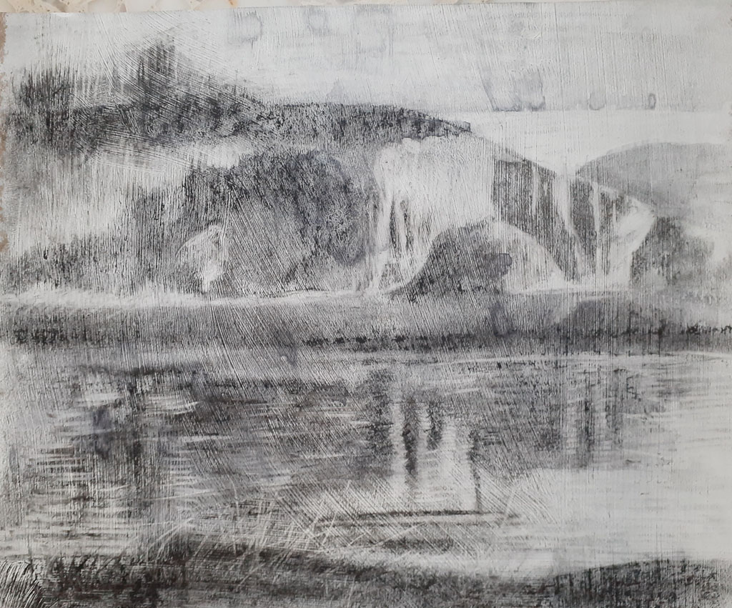 Lake Reflections, Charcoal & Gesso on Paper, 35 x 27cm, Unsigned, Undated