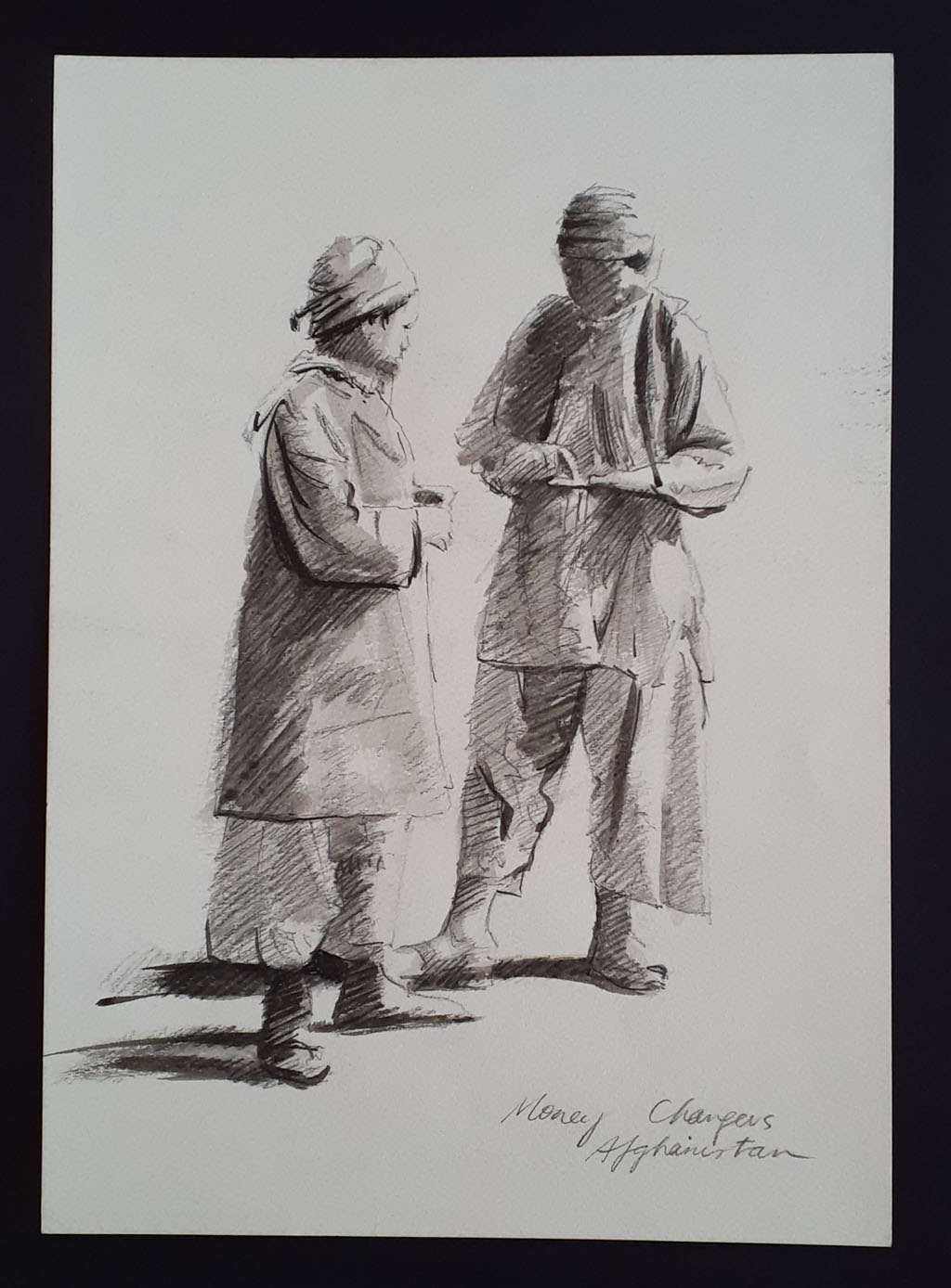 Money Changers in Afghanistan, Pencil, Ink & Wash,  36 x 26cm, Unsigned, Undated