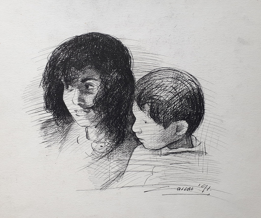 Mother and Child II, Pen & Ink,  36 x 45cm, Signed, 1991