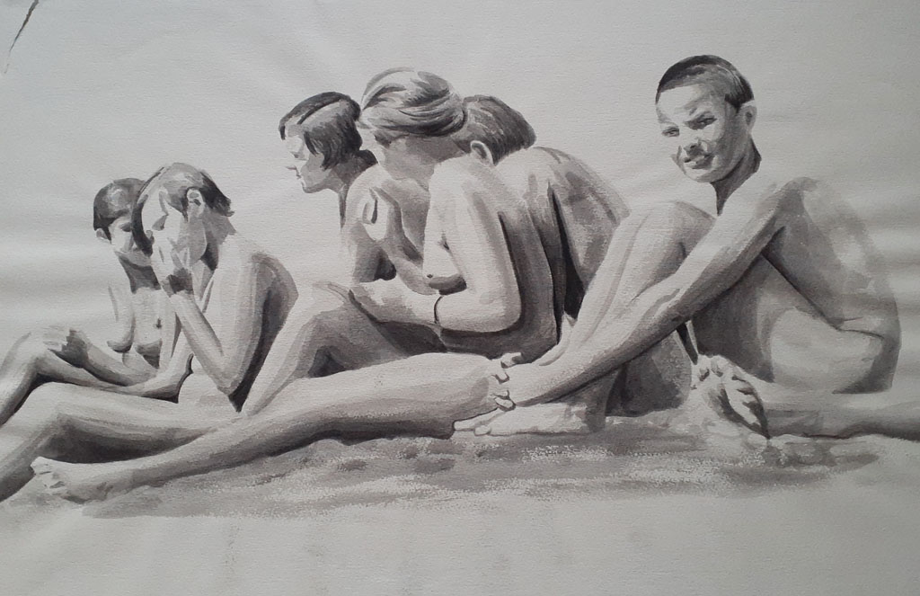 Nudist Camp in Nice,  Pencil, In k & Wash,  46 x 60cm, Unsigned, Undated