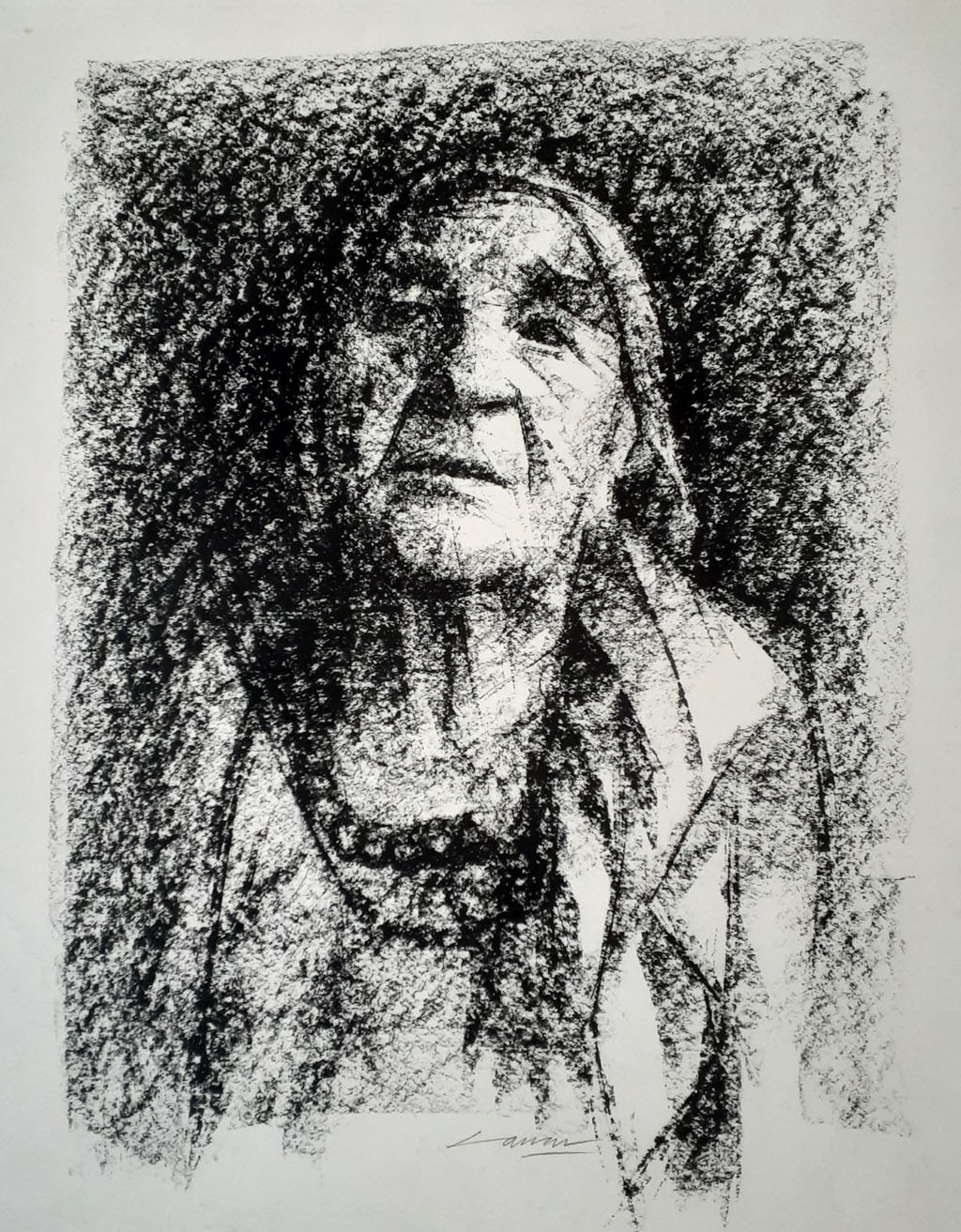 Old Woman, Charcoal,  48 x 30cm, Signed, Undated
