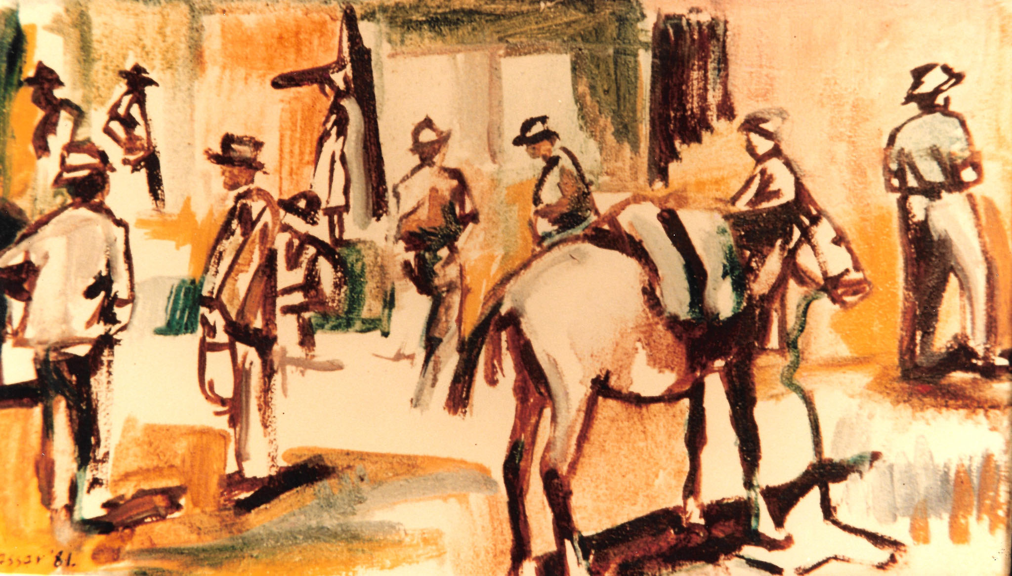 Street Market – Oil on canas, 25 x 50cm, Signed 1981