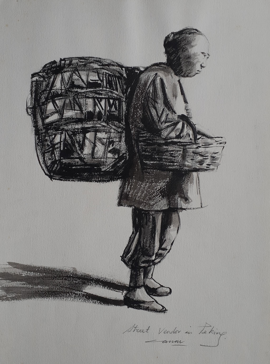 Street Vendor in Peking, Pencil, In k & Wash,  42 x 30cm, Unsigned, Undated