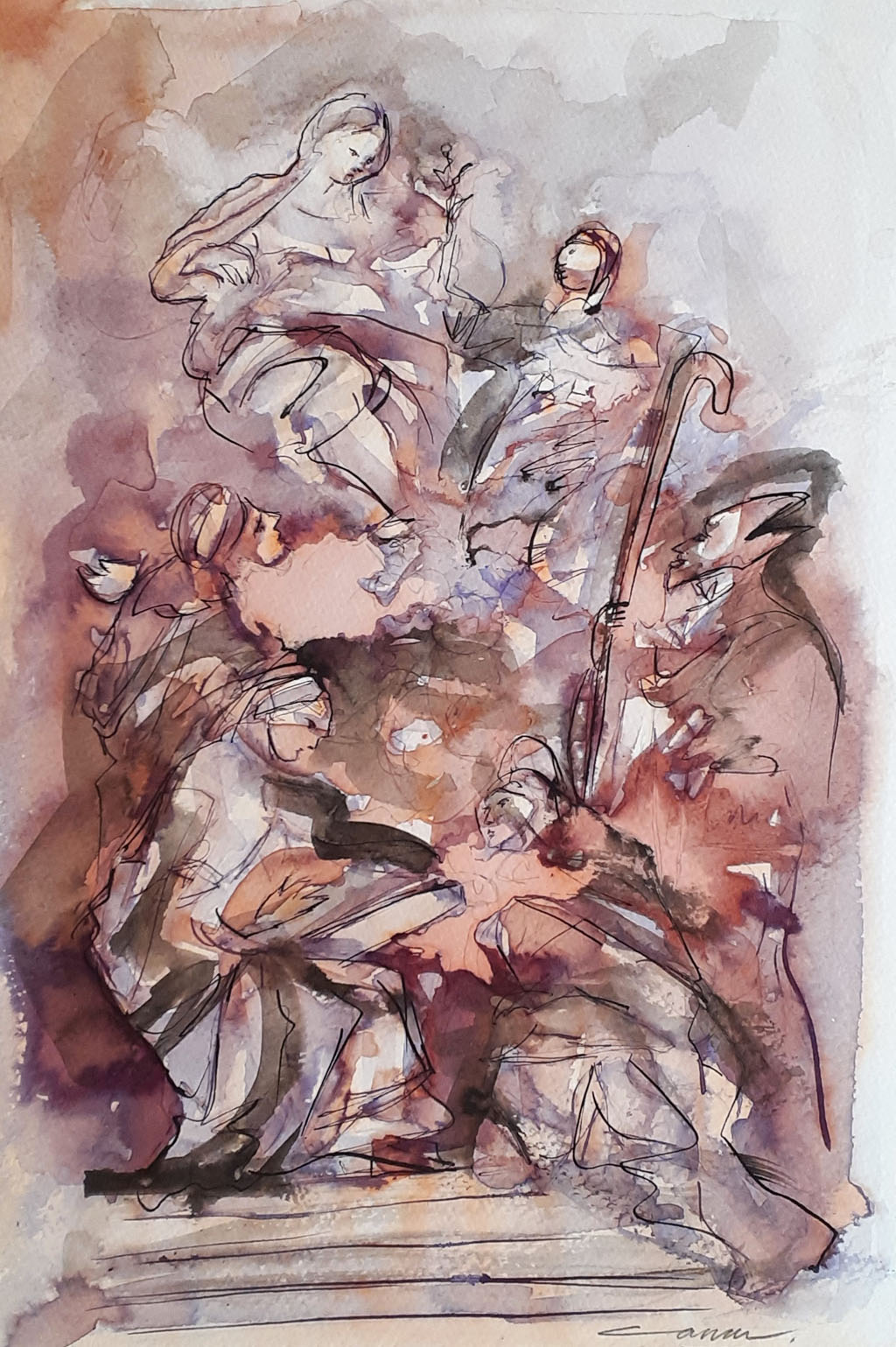 Study for Mary with Saints, Pen, Ink & Wash, 22 x 30cm, Signed, Undated