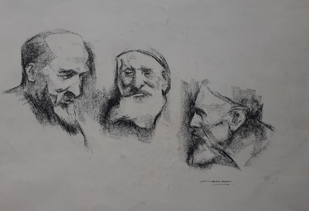Three Studies of an Old Man, Charcoal, 30 x 42cm, Signed, Undated
