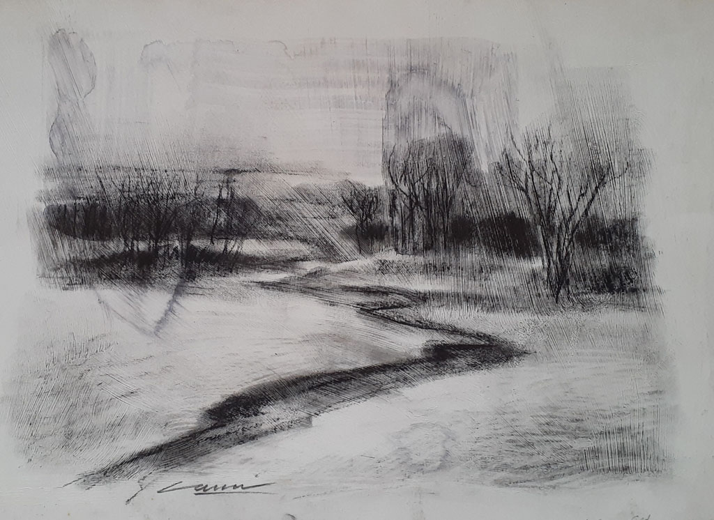 Winter Landscape, Charcoal and Gesso on Paper, 25 x 40cm, Signed, Undated